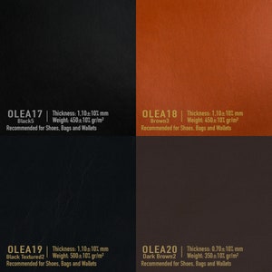 May include: Four leather samples with different colors and textures. The samples are labeled with the names OLEA17, OLEA18, OLEA19, and OLEA20. Each sample has a description of its thickness, weight, and recommended uses.