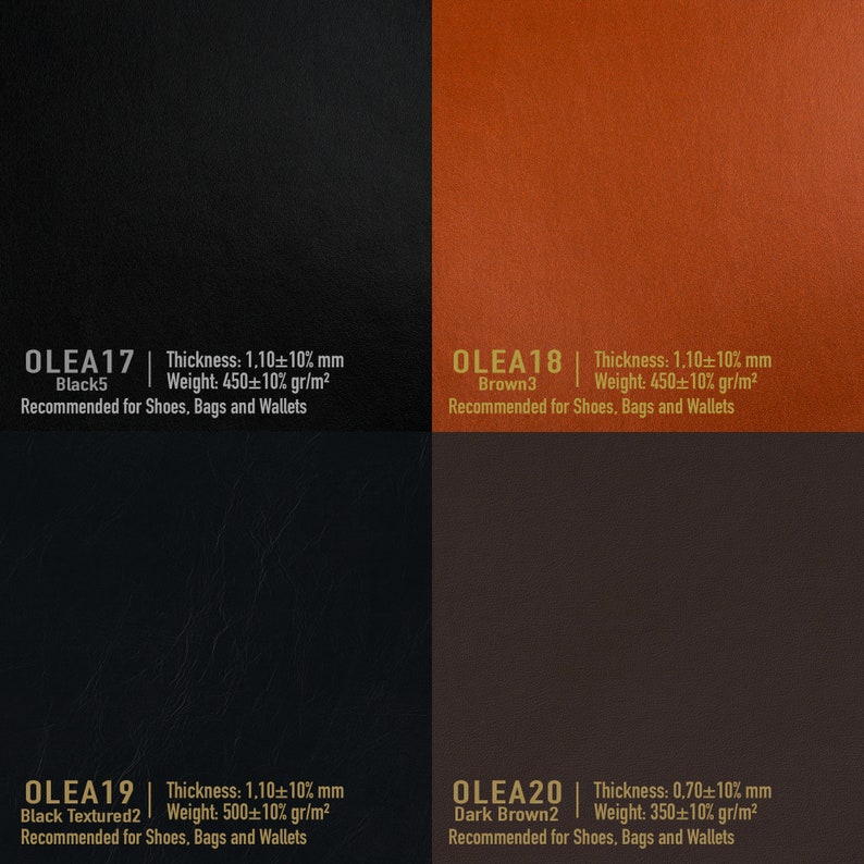 May include: Four leather samples with different colors and textures. The samples are labeled with the names OLEA17, OLEA18, OLEA19, and OLEA20. Each sample has a description of its thickness, weight, and recommended uses.