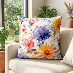 Watercolor Wildflower Cushion Cover, Colorful Floral Throw Pillow, Spring Home Decor 22 x 22" (55x55cm)