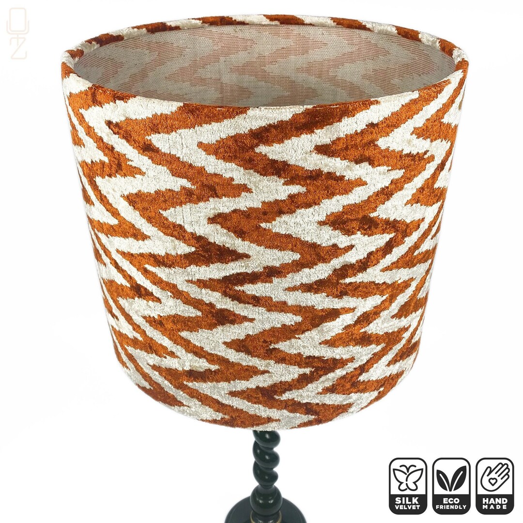 Orange & Beige Zig Zag Lampshade From Silk IKAT Velvet Fabric, 100