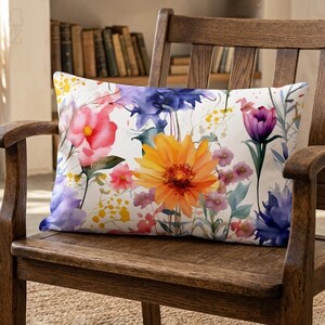 Watercolor Wildflower Cushion Cover, Colorful Floral Throw Pillow, Spring Home Decor 12 x 20" (30x50cm)
