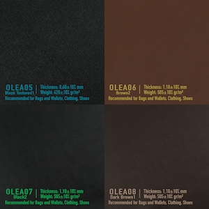 May include: Four leather samples with different colors and textures. The samples are labeled with their names, thickness, weight, and recommended uses. The samples are: OLEA05 Black Textured1, OLEA06 Brown2, OLEA07 Black2, and OLEA08 Dark Brown1.
