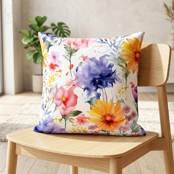 Watercolor Wildflower Cushion Cover, Colorful Floral Throw Pillow, Spring Home Decor
