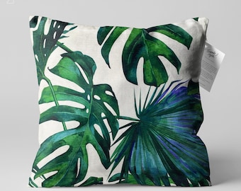 Green Tropical Cushion Cover with Palm Leaves | Double Sided Printing Throw Pillow Cover on the Soft Chenille Fabric with Different Sizes