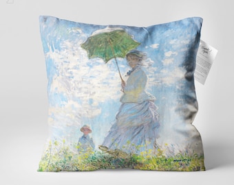 Monet Print Pillow Cover, Woman With Parasol Cushion, Fringed Impressionist Fine Art Decor