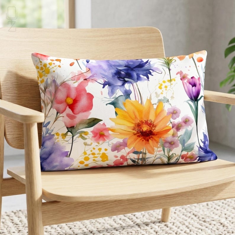 Watercolor Wildflower Cushion Cover, Colorful Floral Throw Pillow, Spring Home Decor 16 x 24" (40x60cm)