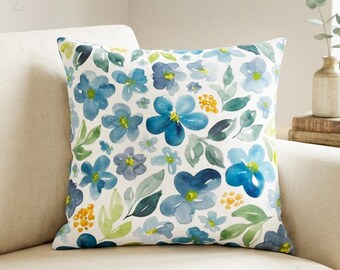 Blue Watercolor Floral Cushion Cover, Wildflower Botanical Throw Pillow Covers, Soft Chenille