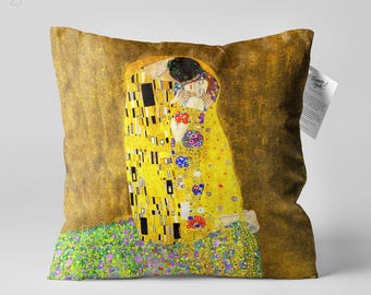 Kuddfodral med kudden "Kyssen", Gustav Klimt konstkudde, berömd målning inflyttningspresent, dekorativt örngott