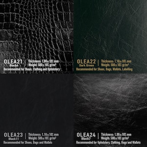 May include: Four samples of leather upholstery fabric in black and dark green. The fabric has a crocodile embossed pattern. The samples are labeled with the names OLEA21, OLEA22, OLEA23, and OLEA24, along with their colors, thickness, weight, and recommended uses.