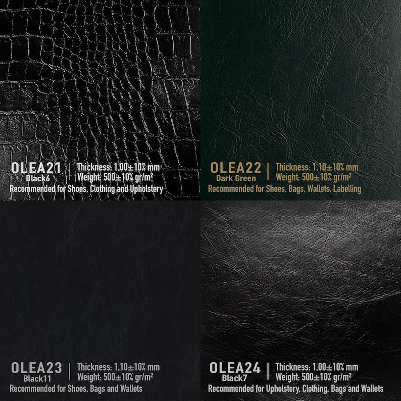 May include: Four samples of leather upholstery fabric in black and dark green. The fabric has a crocodile embossed pattern. The samples are labeled with the names OLEA21, OLEA22, OLEA23, and OLEA24, along with their colors, thickness, weight, and recommended uses.