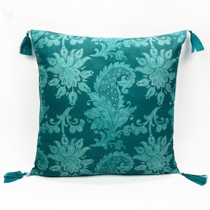 Green Cushion Cover with White Damask Pattern | Green Tassel Trim | 43x43 cm (17x17&quot;) Double Sided, Printing on the Soft Chenille Fabric