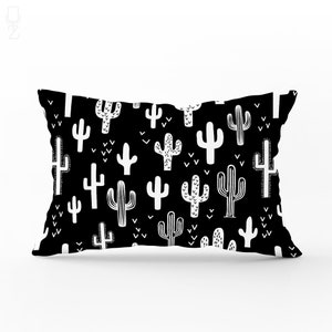 Rectangle Cushion Cover with Black & White Cactus Theme | Different Size Option | Cactus Pillow Cover Printed to the Suede Fabric, OEKO-TEX®