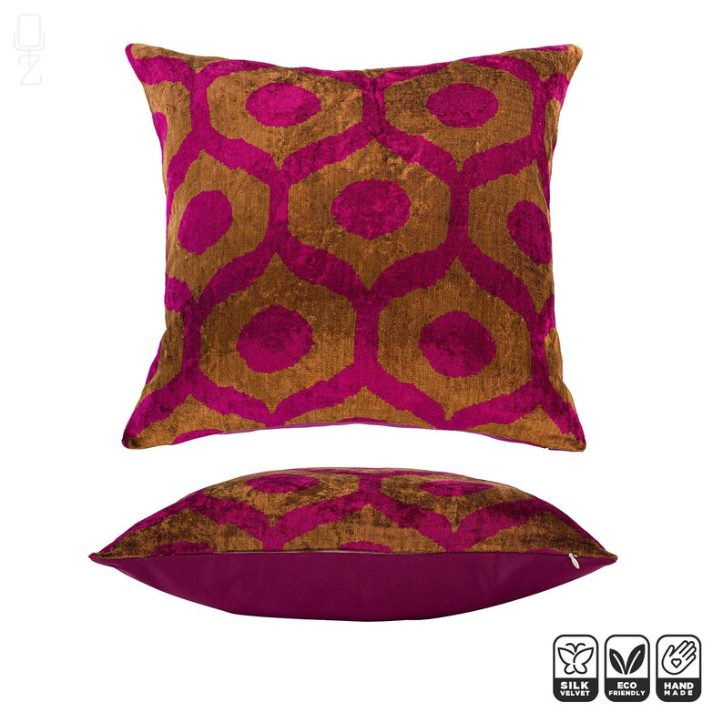 Brown & Fuchsia Pink Traditional Silk Ikat Velvet Cushion Cover 45x45cm