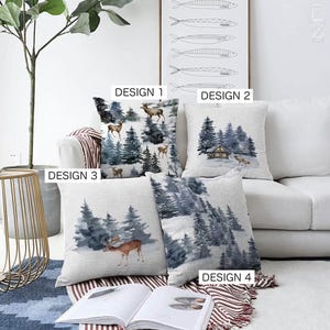 Christmas Cushion Cover with Reindeer, Chalet & Winter Pine Trees Themed | 4 Options | Double Sided on the Soft Chenille with Multi-Sizes