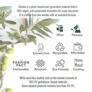 May include: A graphic illustration of the benefits of using Oleatex, a plant-based next-generation material. The graphic features a green olive branch, a bottle, a recycling symbol, a wallet, a woven fabric, a bubble, and a roll of material. The text "THE FASHION PACT" is also included in the graphic.