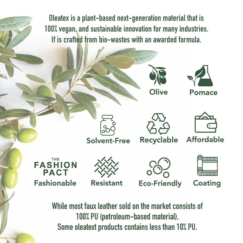 May include: A graphic illustration of the benefits of using Oleatex, a plant-based next-generation material. The graphic features a green olive branch, a bottle, a recycling symbol, a wallet, a woven fabric, a bubble, and a roll of material. The text "THE FASHION PACT" is also included in the graphic.