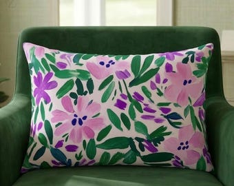 Pink Purple Floral Lumbar Cushion Cover, Rectangular Abstract Flower Pillow, Spring Decor, 9 Sizes