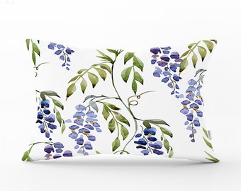 Blue Wisteria & Green Leaves Themed for Rectangle Cushion Cover | Single or Double Sided Printing | Two Size Options | Soft Chenille Fabric