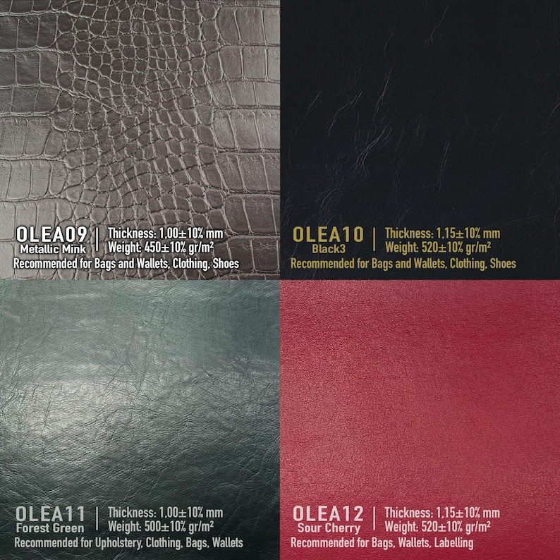 May include: Four samples of faux leather with different colors and textures. The samples are labeled with the names "OLEA09 Metallic Mink", "OLEA10 Black3", "OLEA11 Forest Green", and "OLEA12 Sour Cherry". Each sample includes information about its thickness and weight.