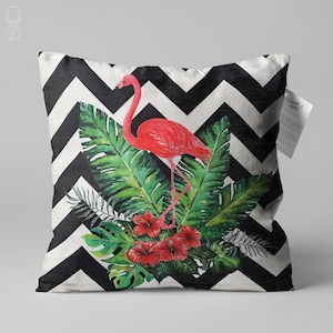 Cushion Cover with Pink Flamingo & Leaves and Black Zig Zag | Double Sided Printing Throw Pillow Cover on the Chenille with Different Sizes