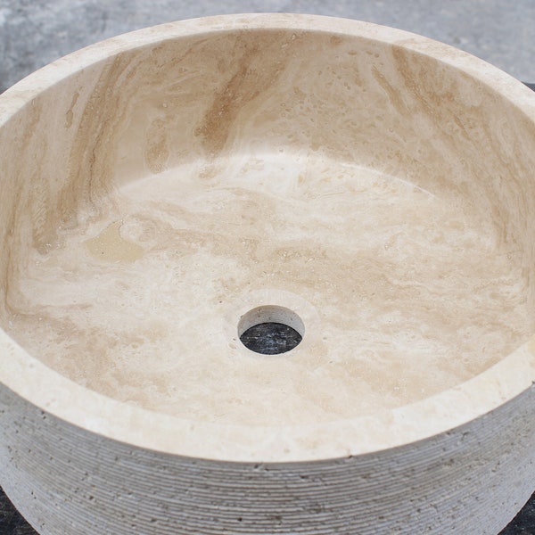 Light Beige Travertine Marble Countertop Sink - Unique Textured Layered Surface Vessel for Luxury Bathrooms