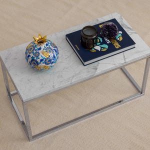 Italian Bianco Carrara Marble Coffee Table: Chrome Legs, Modern Living