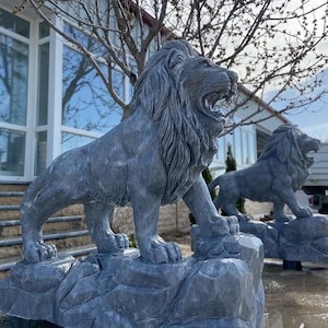 Handmade Turkish Grey Marble Lion Sculpture: 63&quot; Art Collectible