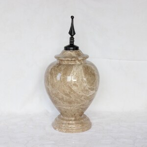 Marble Cremation Urn | Light Emperador Marble Natural Stone Memorial Urn Human Ashes | Handmade Elegant Burial Container with Metal Finish