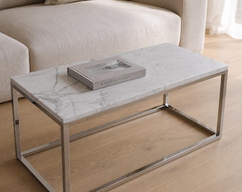 Bianco Carrara Marble Coffee Table | Chrome Frame | Custom Sizes | White Marble