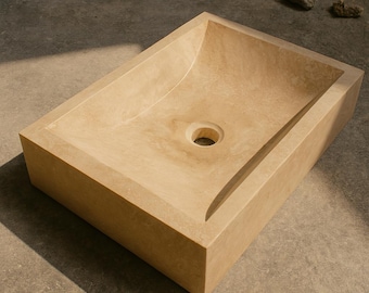 Rechthoekige opbouwspoelbak van travertin | Glad gepolijst oppervlak | Warm beige | Maatwerk