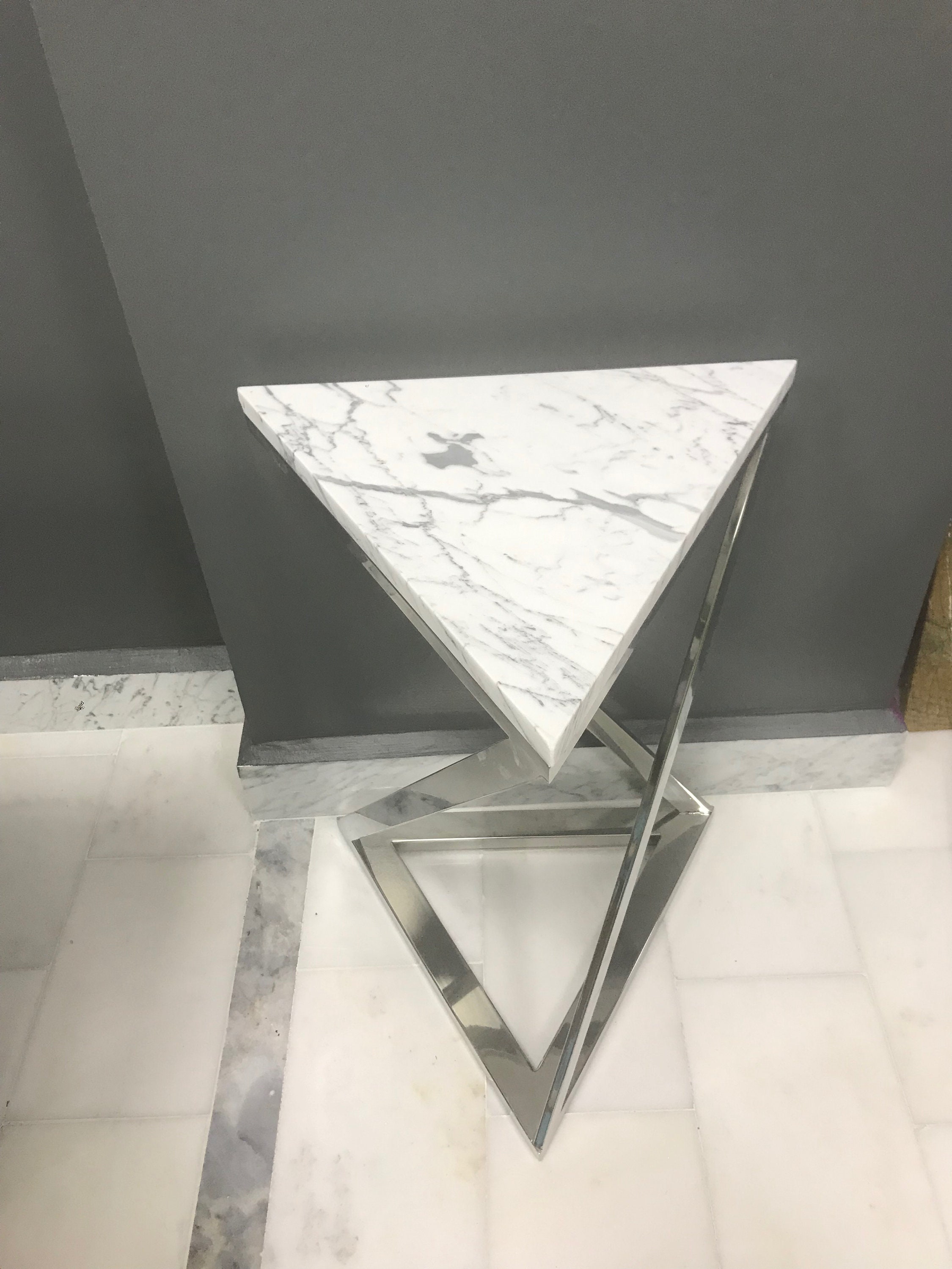 Triangle Marble Side Table Stainless Steel Bianco Carrara Marble