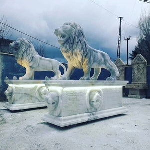 Hand Made Marble Lion Sculpture, Hand Carved Art White Marble Lion Large Sculpture, White Large Lion Statue, Elegant Beautiful Home Decor