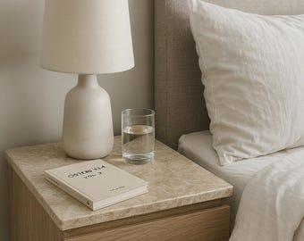 Beige bijzettafeltje met travertijnmarmer, zwevende plank, radiatorhoes