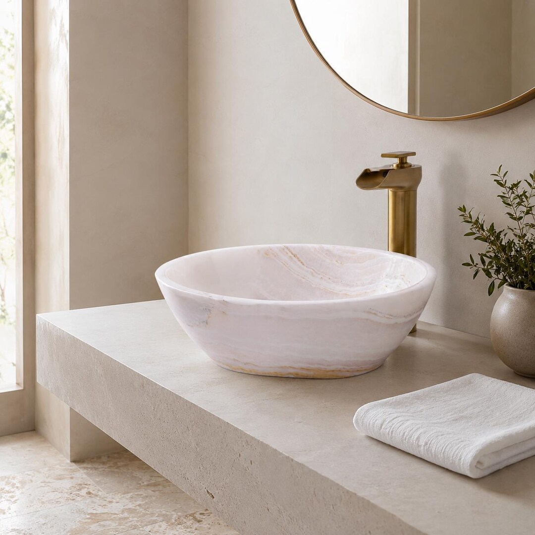 White Onyx Vessel Sink | Light-transmitting Stone | Deep Vessel Form ...
