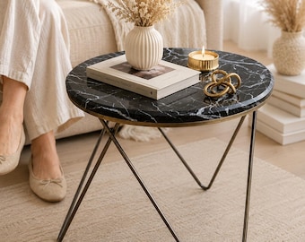 Nero Marquina Marble Side Table | Round Black Stone | Brass Frame | Custom Sizes