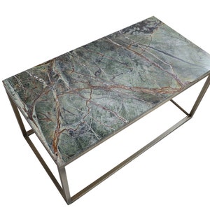 Rainforest Green Marble Coffee Table, Brass Leg Marble Top Coffee Table, Living Room Furniture, Home Decor, Home Improvement, Entryway Table