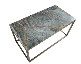 Rainforest Green Marble Coffee Table, Brass Leg Marble Top Coffee Table, Living Room Furniture, Home Decor, Home Improvement, Entryway Table