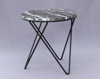 Nero Marquina Marble Side Table | Round Black Stone | Brass Frame | Custom Sizes