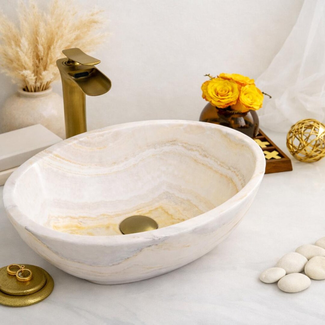 White Onyx Vessel Sink | Light-transmitting Stone | Deep Vessel Form ...