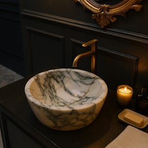 Hand Carved White Marble Vessel Sink: Round Bathroom Vanity