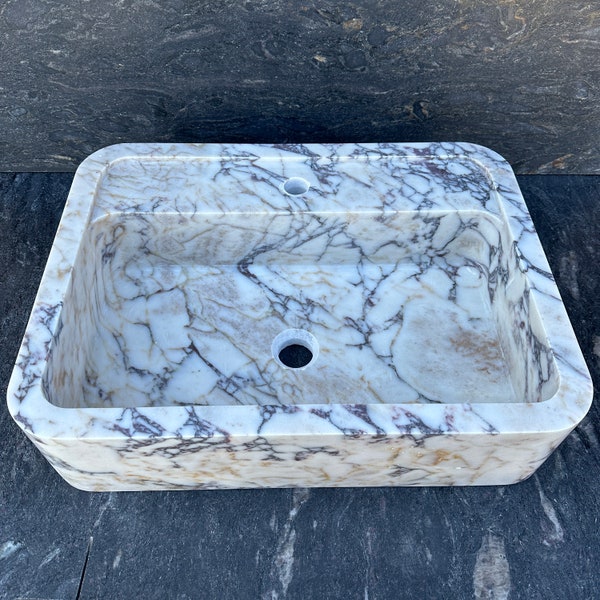 Handcrafted White Marble Sink with Unique Veining - Elegant Vanity Basin for Luxury Bathrooms - Custom Sizes Available
