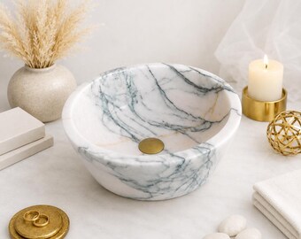 Viola Marble Bowl Sink | Deep Vessel Form | White Stone Gray Veining | Custom Sizes