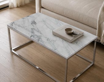 Bianco Carrara Marble Coffee Table | Chrome Frame | Custom Sizes | White Marble