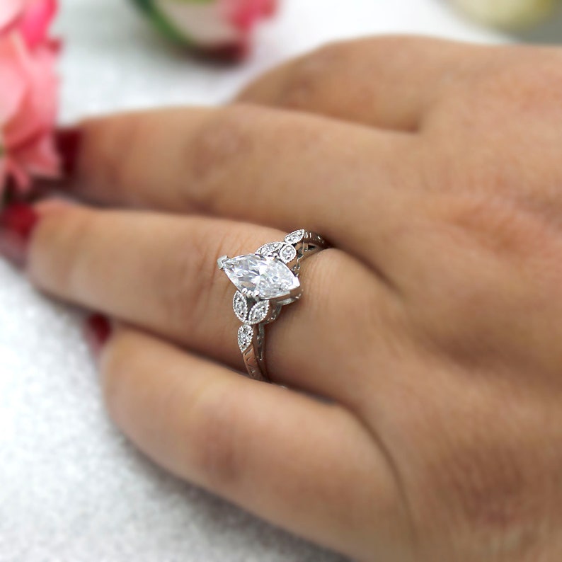 Art Deco 1 Ct Marquise Cut Cubic Zirconia Engagement Ring Etsy