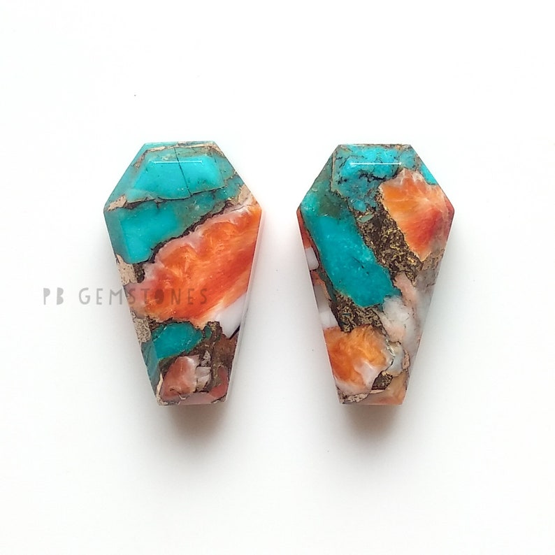 Rare Spiny Oyster Copper Turquoise 11x18mm Single Step Cut Coffin Shape Cabochon 2 Pcs Smooth Cabochons Calibrated Gemstone