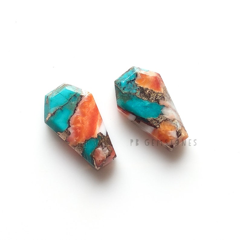 Rare Spiny Oyster Copper Turquoise 11x18mm Single Step Cut Coffin Shape Cabochon 2 Pcs Smooth Cabochons Calibrated Gemstone
