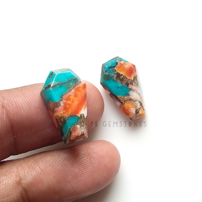 Rare Spiny Oyster Copper Turquoise 11x18mm Single Step Cut Coffin Shape Cabochon 2 Pcs Smooth Cabochons Calibrated Gemstone