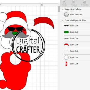 May include: A red and white Santa Claus lollipop holder with a black and white logo that says "Digital Crafter".