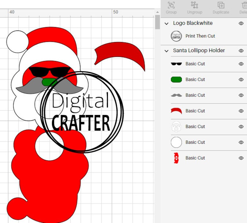 May include: A red and white Santa Claus lollipop holder with a black and white logo that says "Digital Crafter".