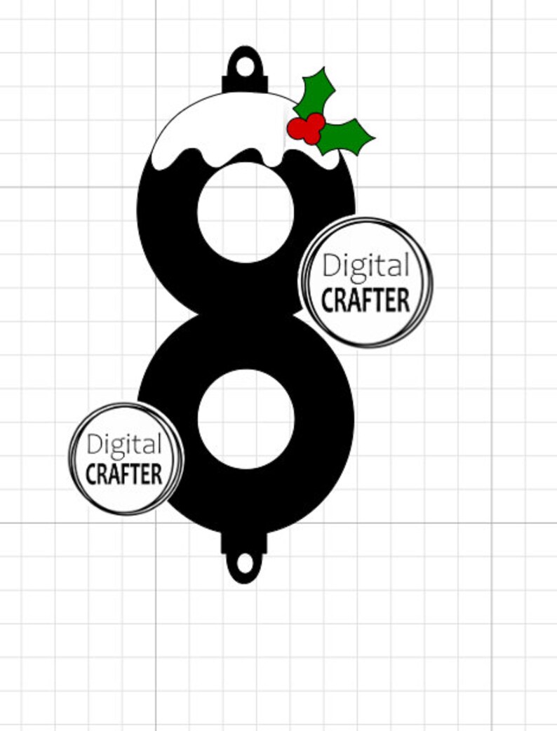 May include: Black and white Christmas ornament shaped like a pudding with a white icing top and a green holly sprig with red berries. The ornament has a hole in the center and a loop at the top for hanging. The text "Digital CRAFTER" appears twice on the ornament.